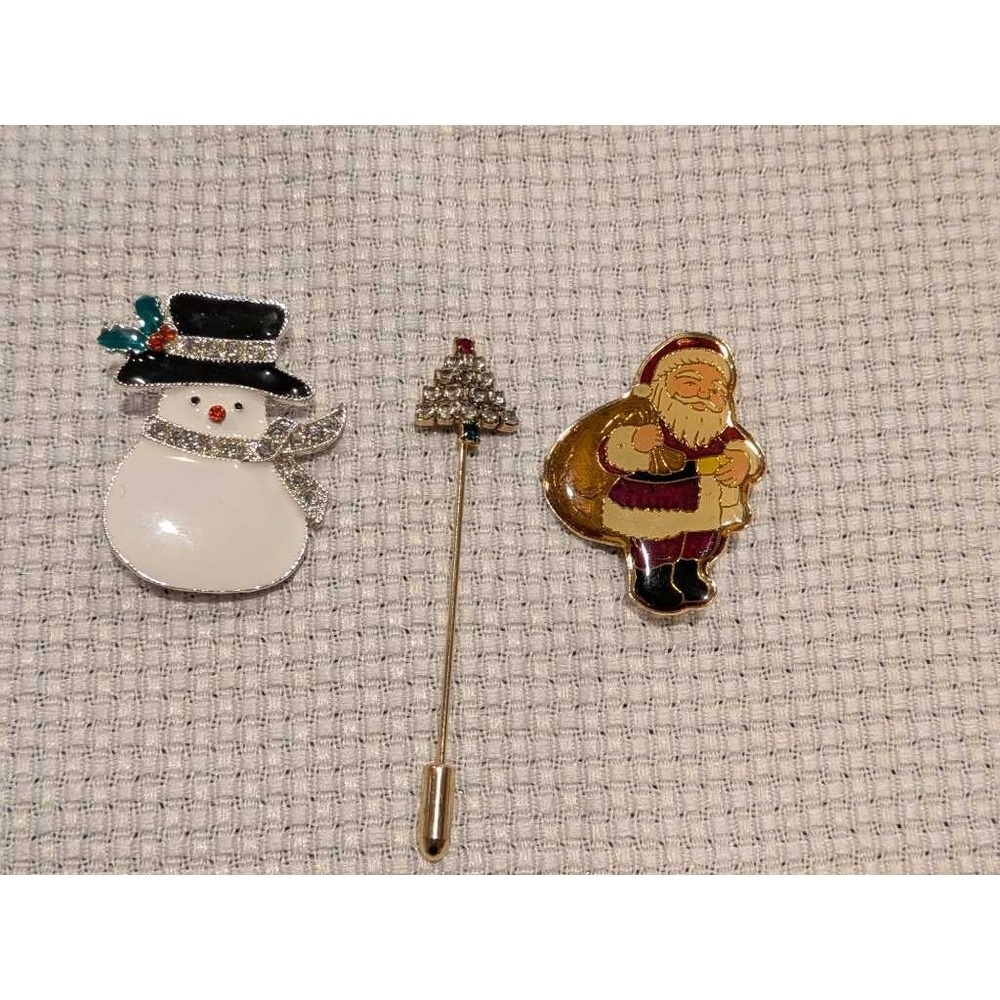 Vintage Christmas Pins Snowman Santa‎ Tree Rhinestone Brooch Set-Lot of 3